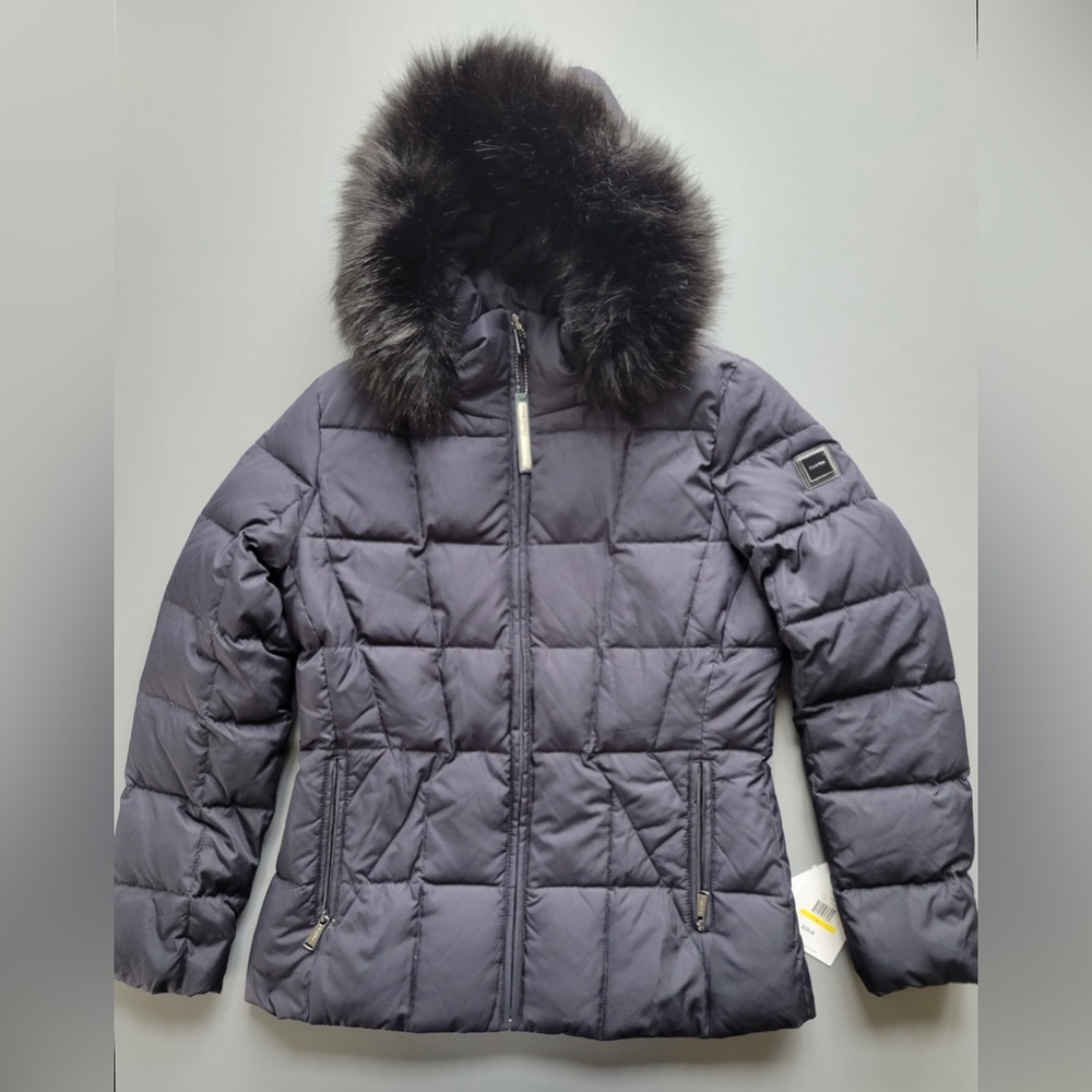 NWT Calvin Klein Women’s Navy Down + Feather Jacket w/ Faux Fur Hood Trim Size M